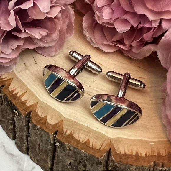 Oval Navy, Blue, Silver and Yellow Stripe Cufflinks - Picture 5 of 16